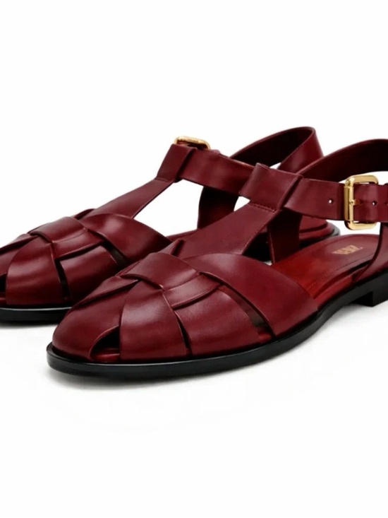 Zara Shoes - Zara Burgundy Leather Woven Fisherman Sandals with Gold Buckle
